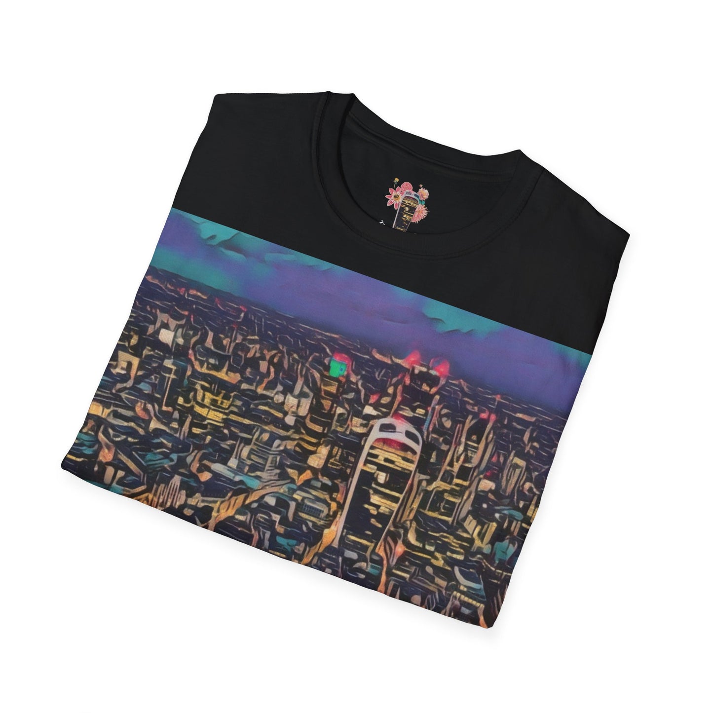 cityscape-art-unisex-softstyle-t-shirt-urban-photography-tee-streetwear-nightlife-fashion-gift-for-travelers-summer-outfit - front view