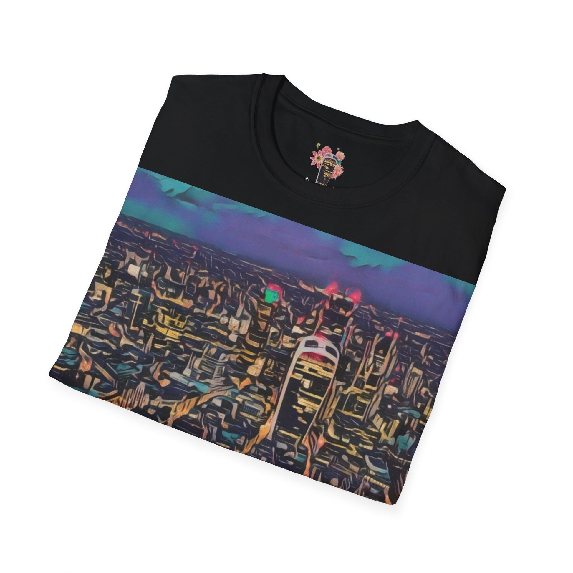 cityscape-art-unisex-softstyle-t-shirt-urban-photography-tee-streetwear-nightlife-fashion-gift-for-travelers-summer-outfit - front view