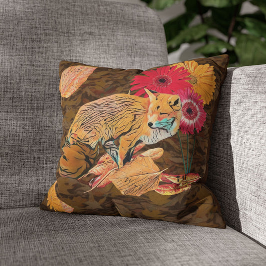 brown-pillowcase-cozy-fox-pumpkins-and-chrysanthemum-autumn-leaves-design - front view