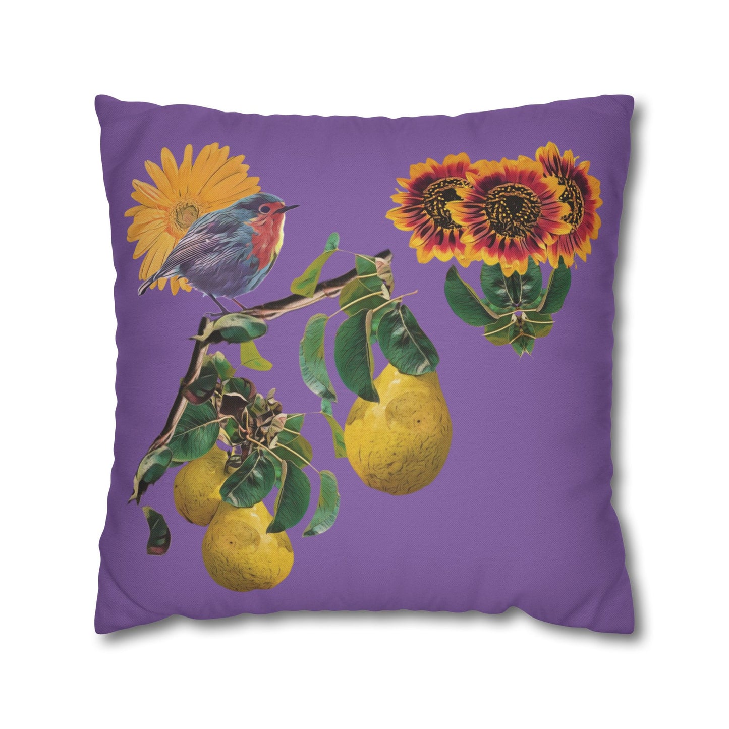 lavander-pillowcase-robin-and-pears-tree-and-sunflower-design - front view