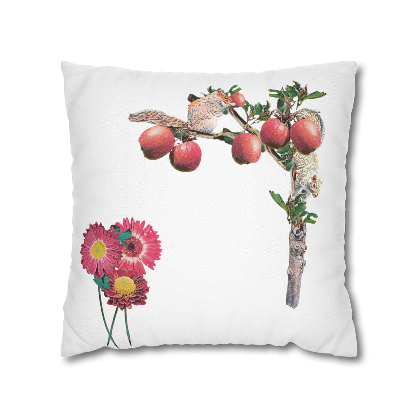 white-pillowcase-squirrels-and-apple-tree-floral-design - front view