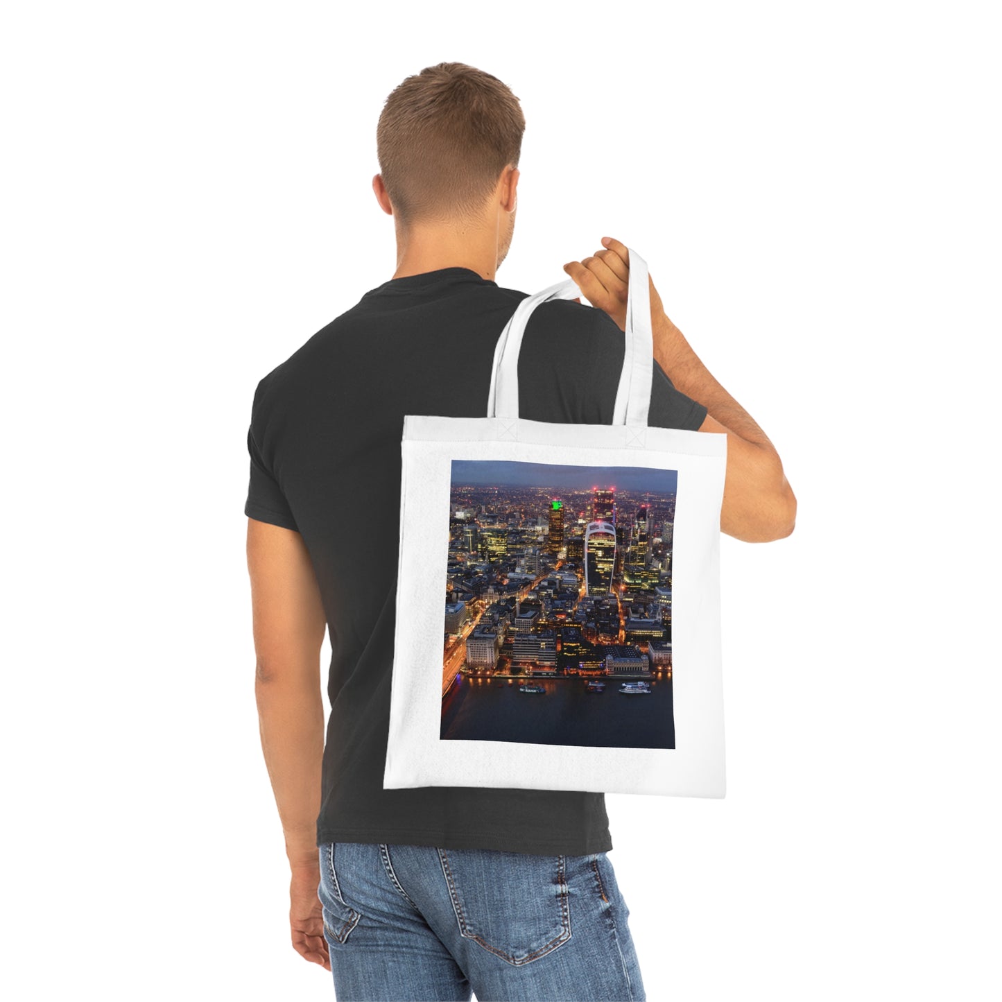 cotton-tote-bag-with-london-skyline-from-the-shard-at-night-shopper-bag-travel-tote-reusable-grocery-bag-cityscape-tote-eco-friendly - front view