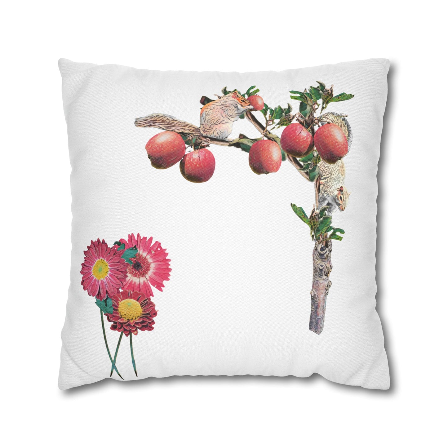 white-pillowcase-squirrels-and-apple-tree-floral-design - front view