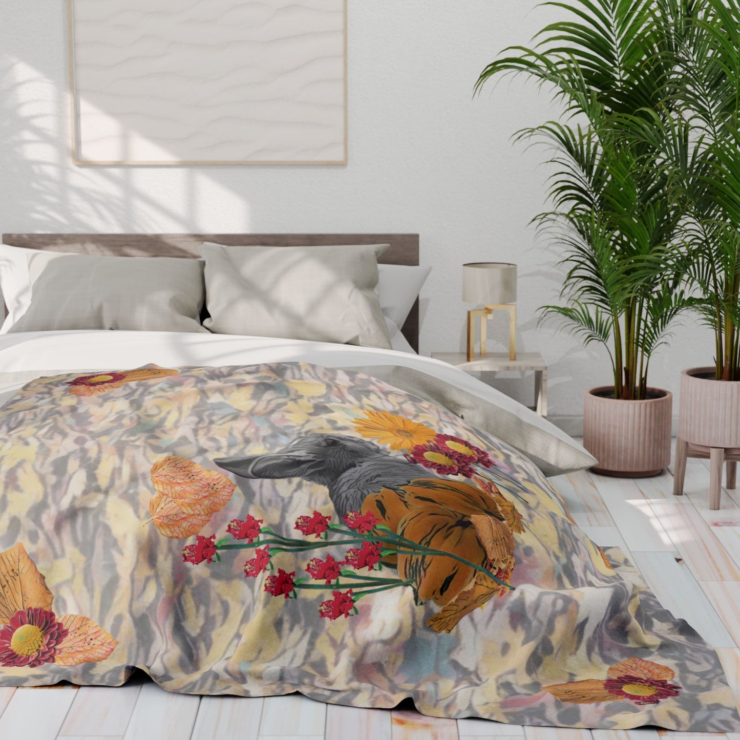 fleece-blanket-fox-pear-pumpkin-rabbit-tomatoes-falling-leaves-design - front view