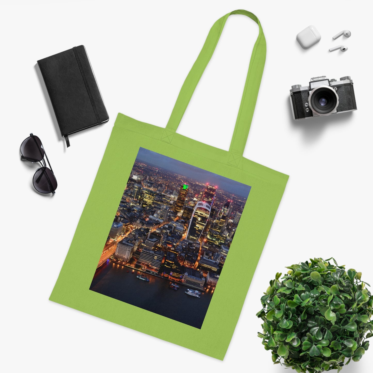 cotton-tote-bag-with-london-skyline-from-the-shard-at-night-shopper-bag-travel-tote-reusable-grocery-bag-cityscape-tote-eco-friendly - front view