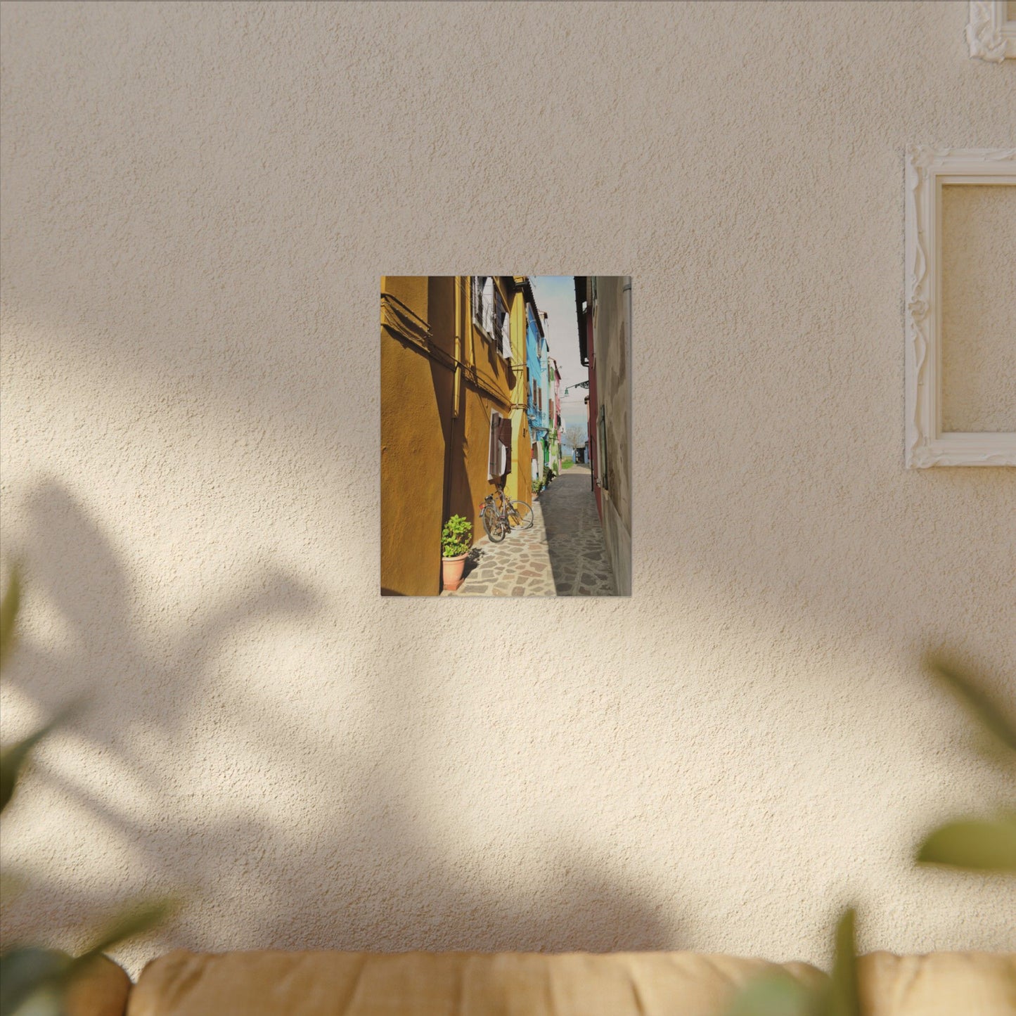 Mulano Street Scene Matte Canvas Print — Yellow Houses & Hanging Clothes, Stretched Wall Art