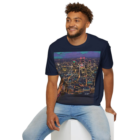 cityscape-art-unisex-softstyle-t-shirt-urban-photography-tee-streetwear-nightlife-fashion-gift-for-travelers-summer-outfit - front view