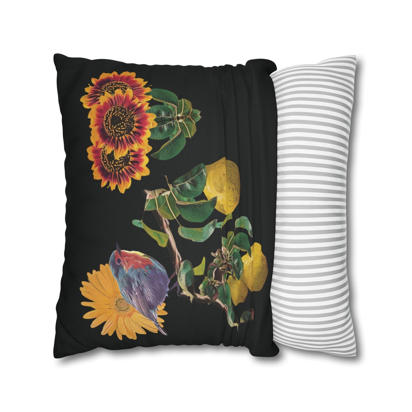 black-no-leaves-pillowcase-robin-and-pears-tree-and-sunflower-design - front view