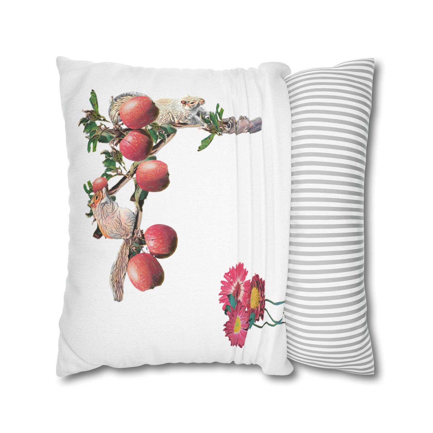 white-pillowcase-squirrels-and-apple-tree-floral-design - front view