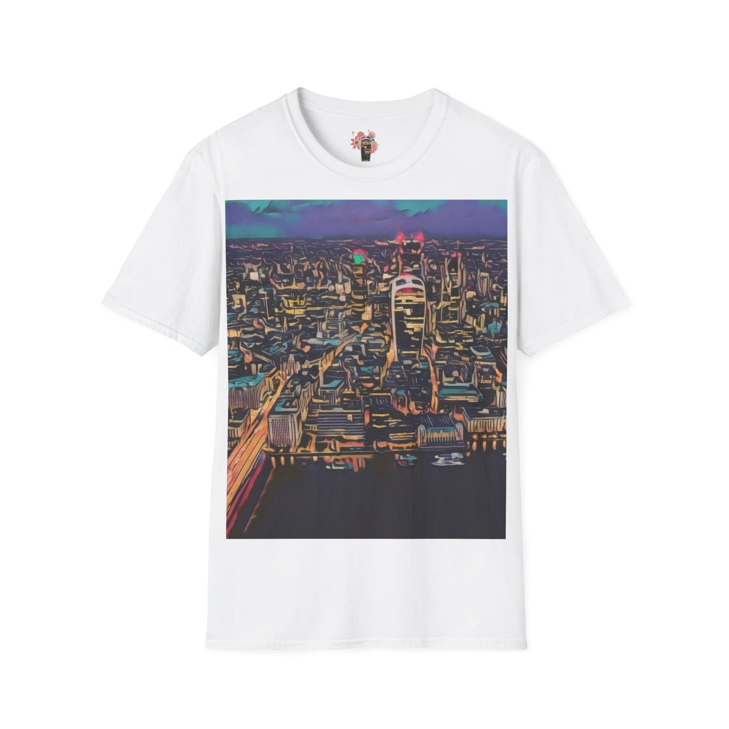 cityscape-art-unisex-softstyle-t-shirt-urban-photography-tee-streetwear-nightlife-fashion-gift-for-travelers-summer-outfit - front view