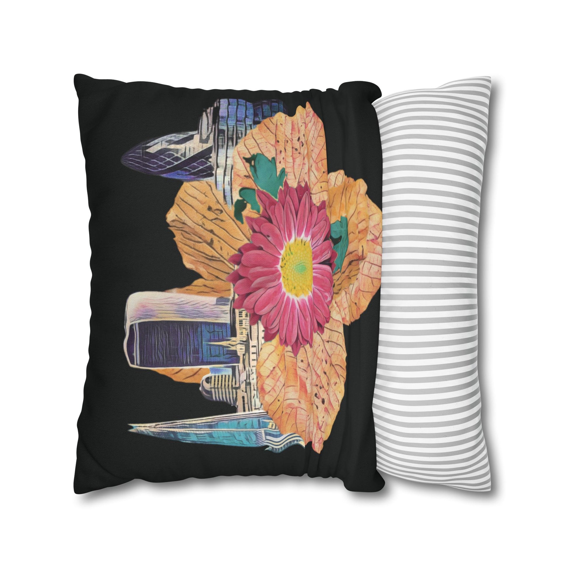 black-pillowcase-london-landmarks-autumn-floral-foliage - front view