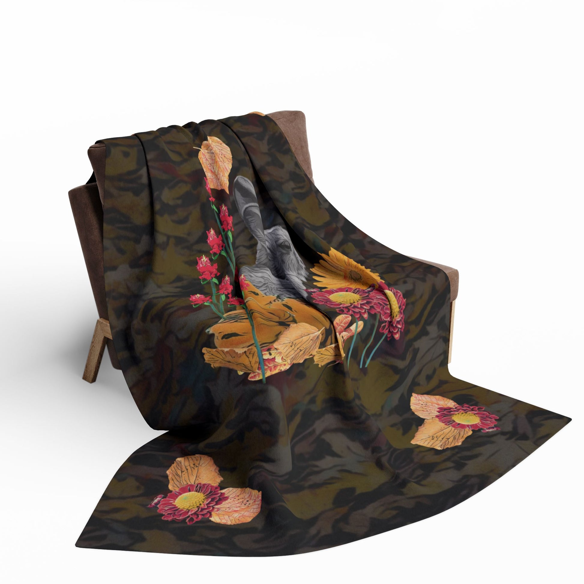 dark-fleece-blanket-fox-pear-pumpkin-rabbit-tomatoes-falling-leaves-design - front view