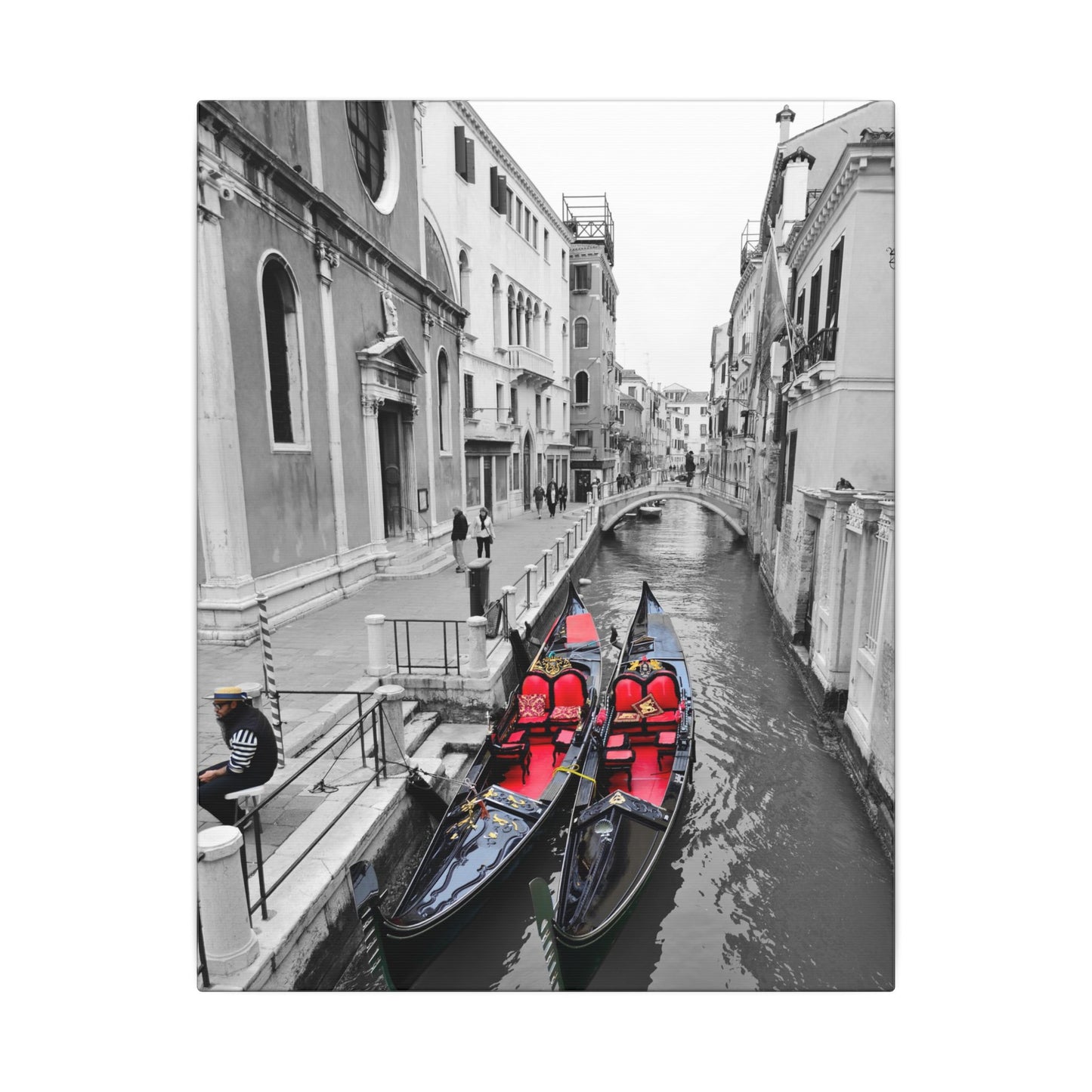 Venice Gondola Canvas Print — Black & White Scene with Colored Gondolas