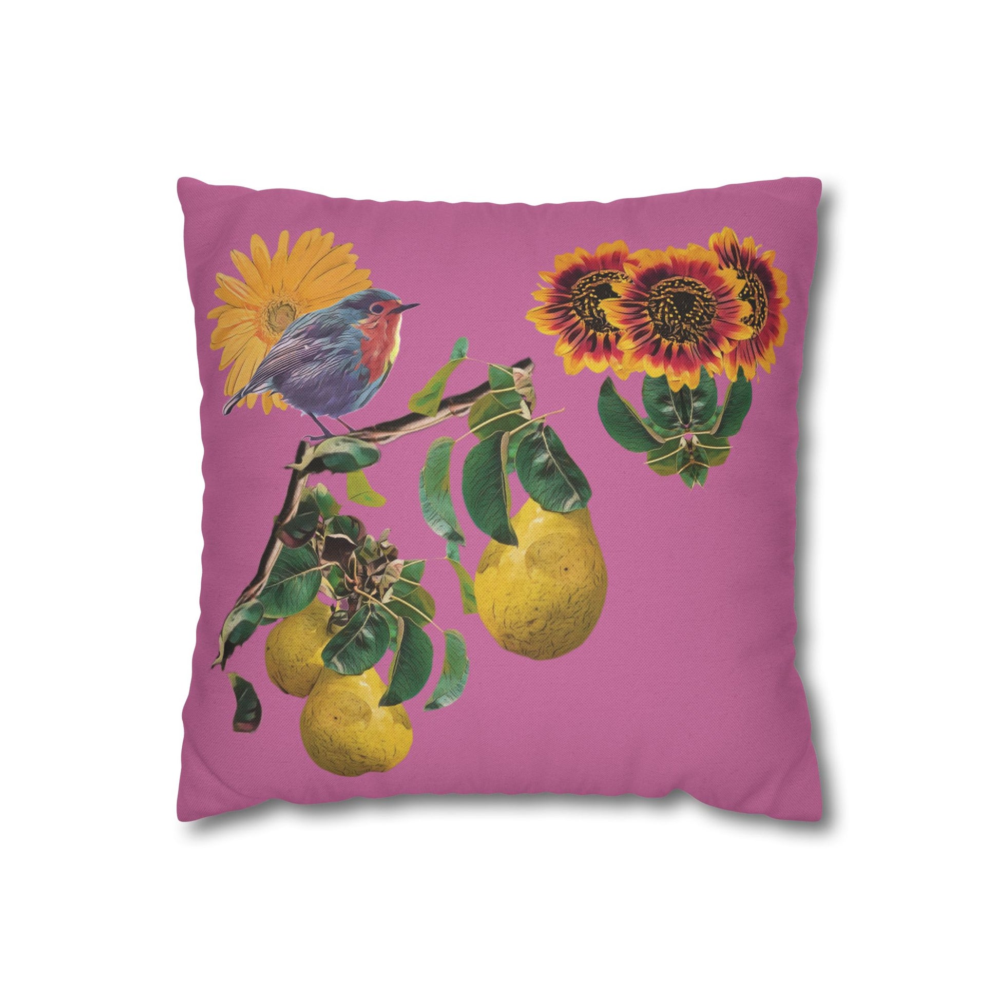 light-pink-pillowcase-robin-and-pears-tree-and-sunflower-design - front view