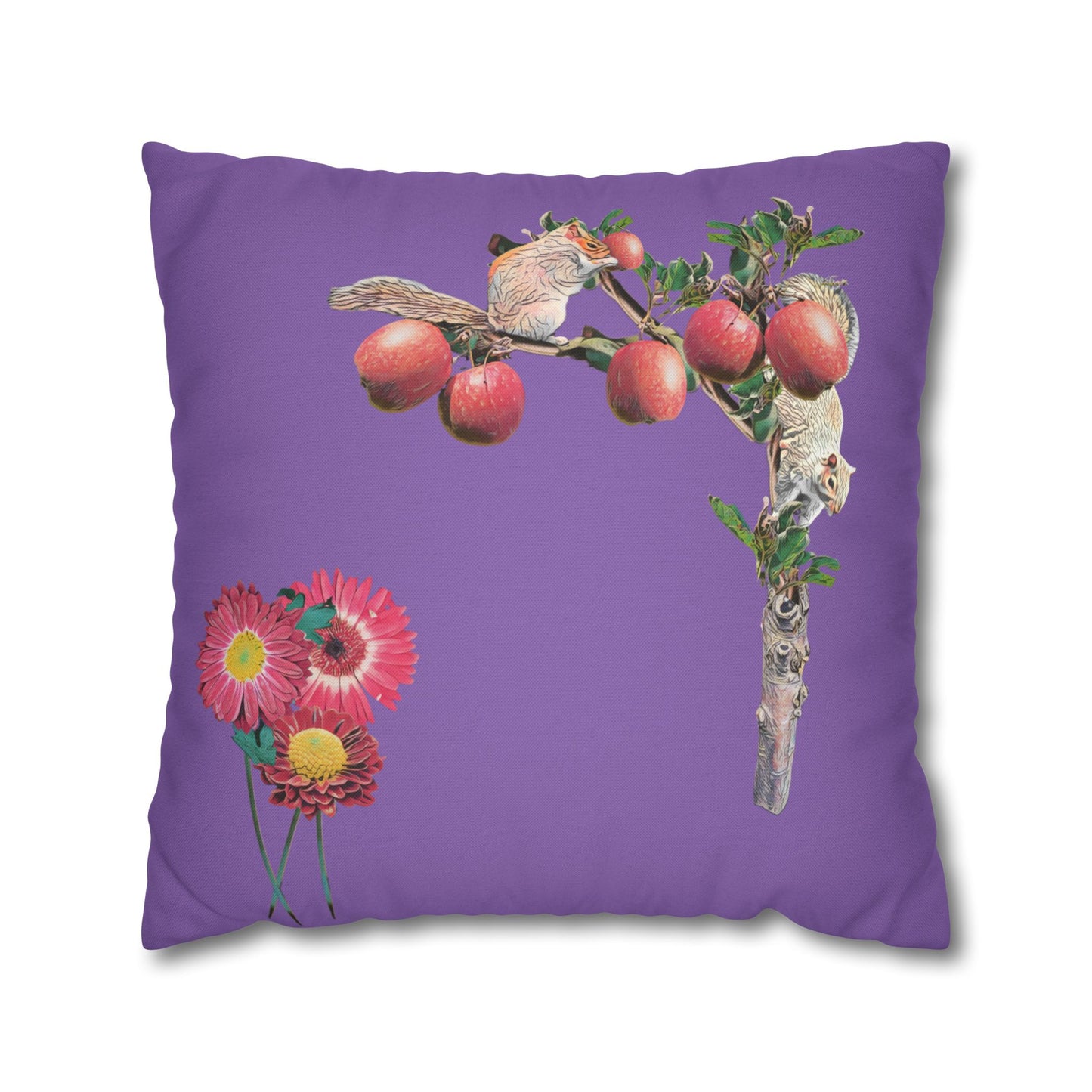 lavander-pillowcase-squirrels-and-apple-tree-floral-design - front view