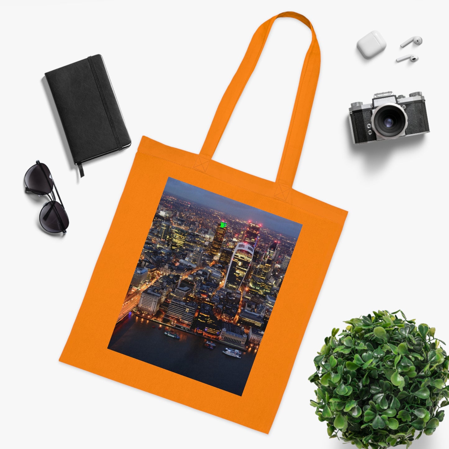 cotton-tote-bag-with-london-skyline-from-the-shard-at-night-shopper-bag-travel-tote-reusable-grocery-bag-cityscape-tote-eco-friendly - front view