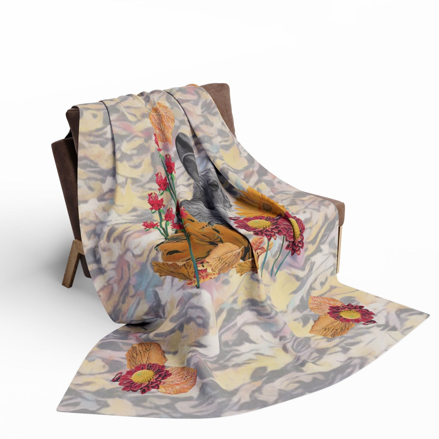 fleece-blanket-fox-pear-pumpkin-rabbit-tomatoes-falling-leaves-design - front view