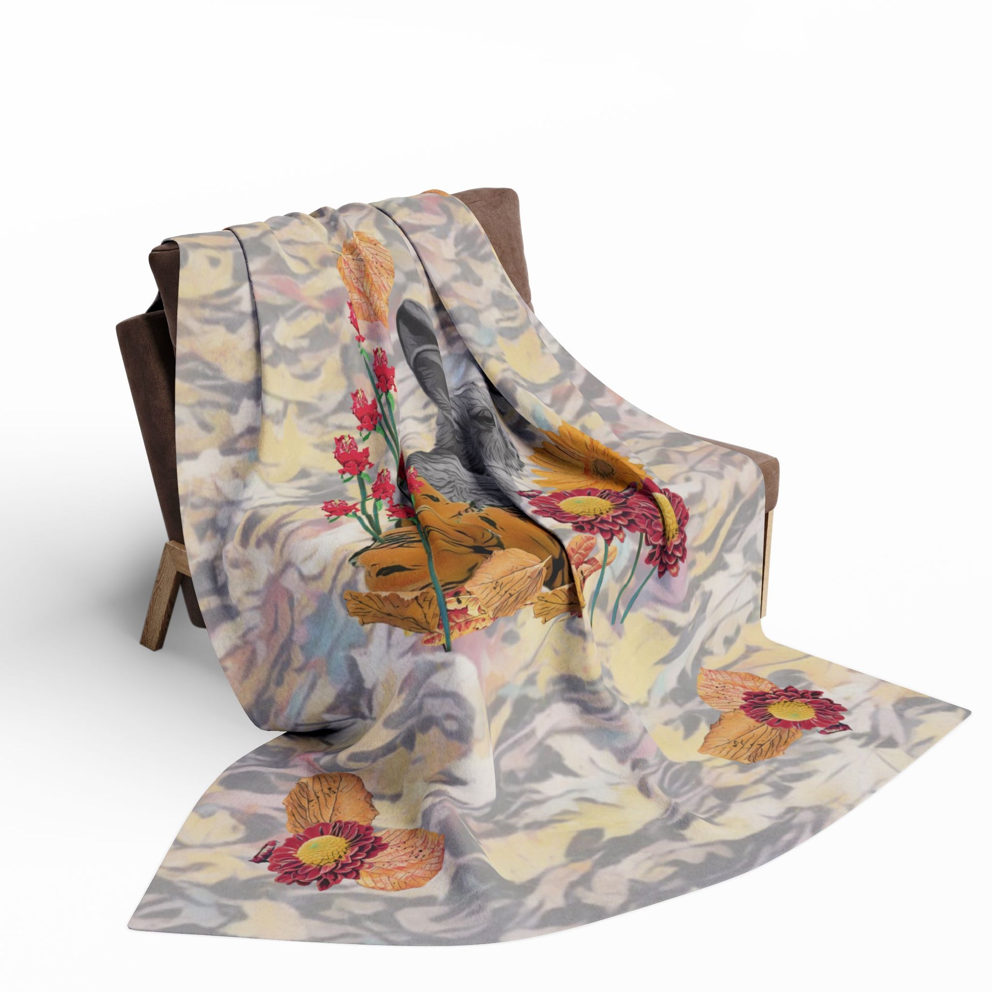 fleece-blanket-fox-pear-pumpkin-rabbit-tomatoes-falling-leaves-design - front view