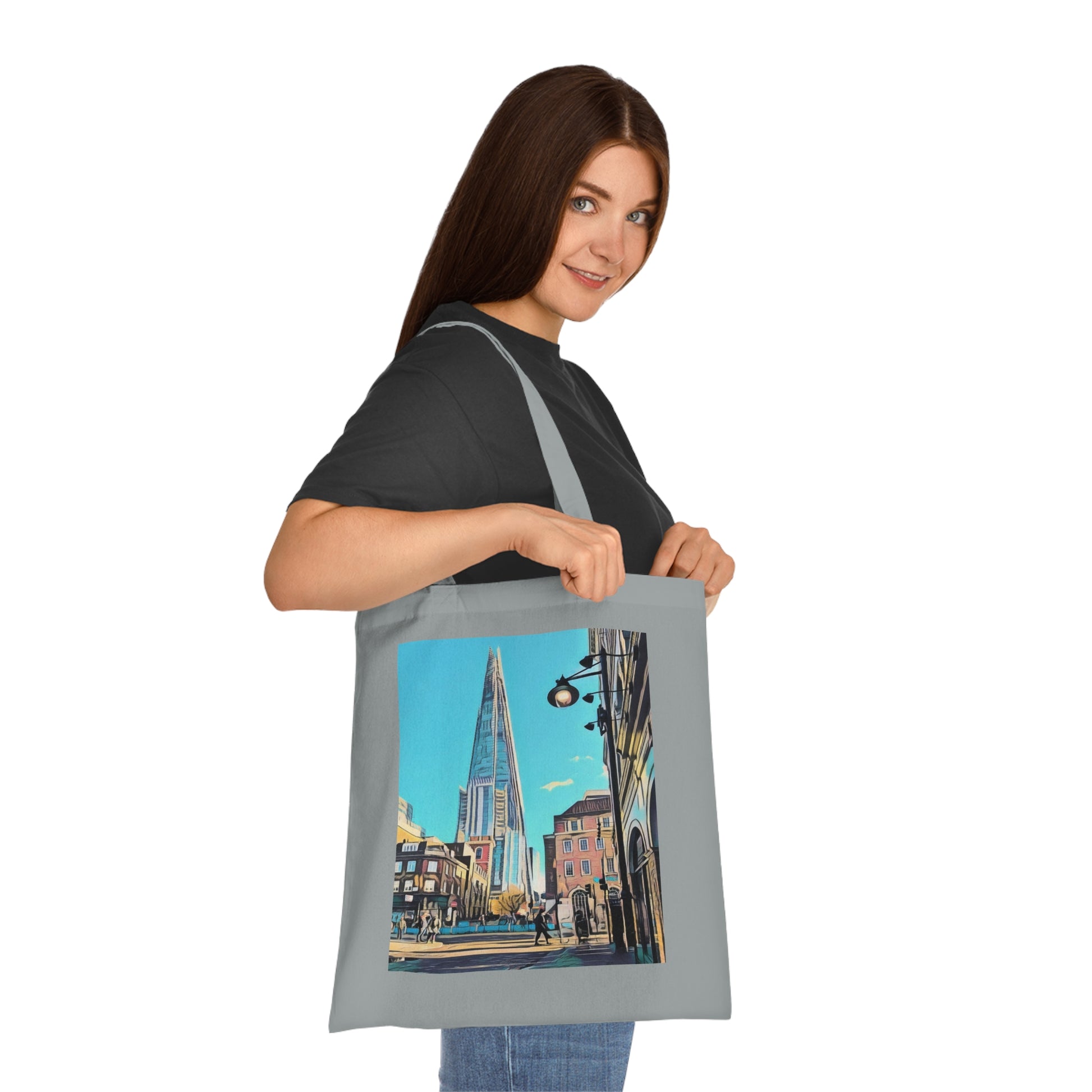cotton-tote-bag-with-london-shard-at-night-shopper-bag-travel-tote-reusable-grocery-bag-cityscape-tote-eco-friendly - front view