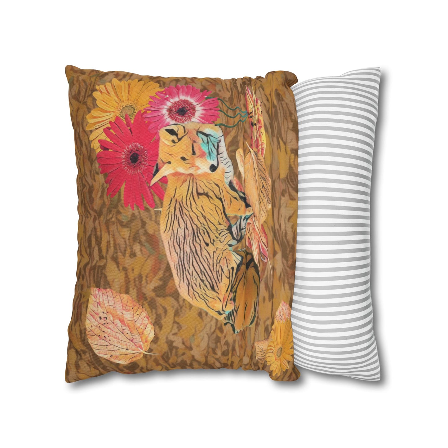 light-brown-pillowcase-cozy-fox-pumpkins-and-chrysanthemum-autumn-leaves-design - front view