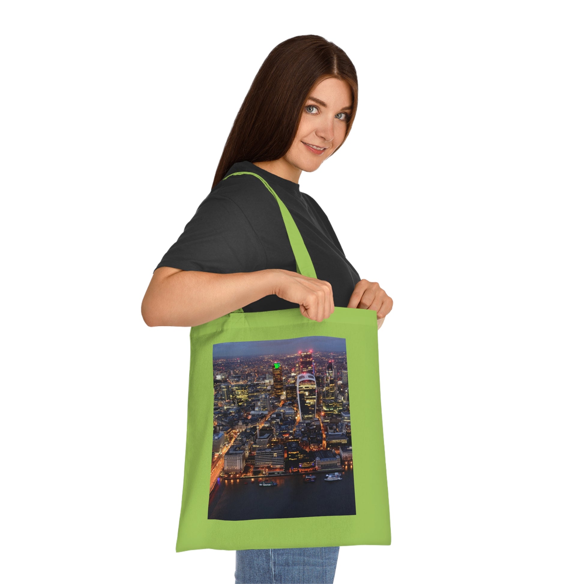cotton-tote-bag-with-london-skyline-from-the-shard-at-night-shopper-bag-travel-tote-reusable-grocery-bag-cityscape-tote-eco-friendly - front view