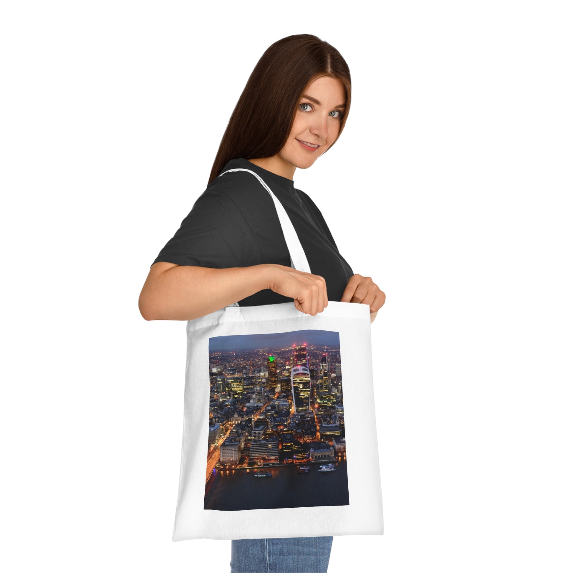 cotton-tote-bag-with-london-skyline-from-the-shard-at-night-shopper-bag-travel-tote-reusable-grocery-bag-cityscape-tote-eco-friendly - front view