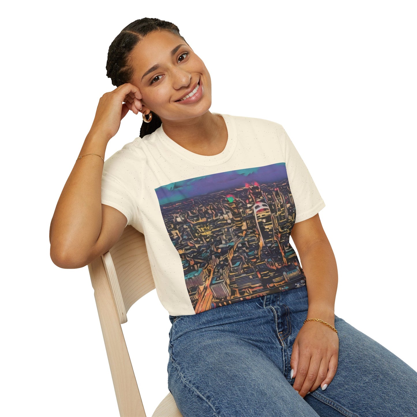 cityscape-art-unisex-softstyle-t-shirt-urban-photography-tee-streetwear-nightlife-fashion-gift-for-travelers-summer-outfit - front view