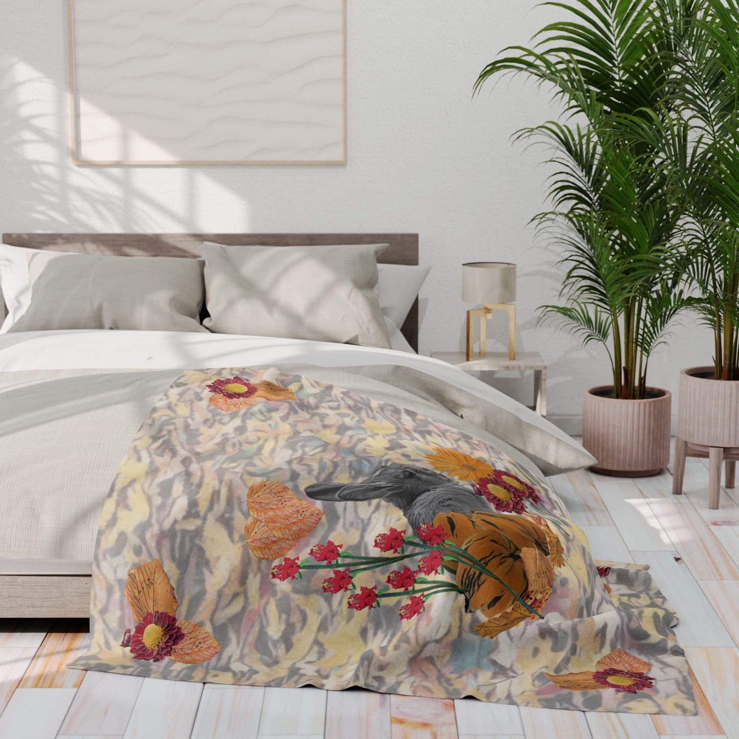 fleece-blanket-fox-pear-pumpkin-rabbit-tomatoes-falling-leaves-design - front view