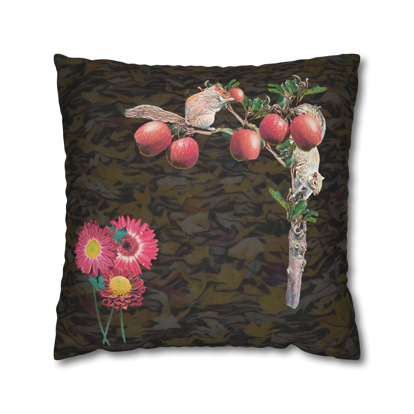 black-pillowcase-squirrels-and-apple-tree-floral-design - front view
