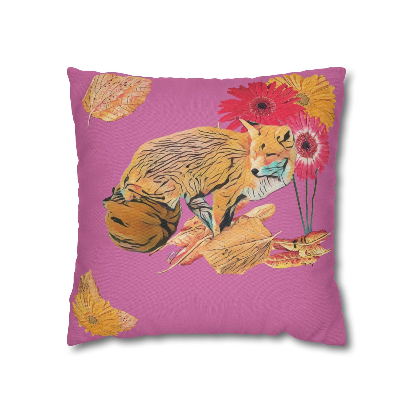 light-pink-pillowcase-cozy-fox-pumpkins-and-chrysanthemum-autumn-leaves-design - front view