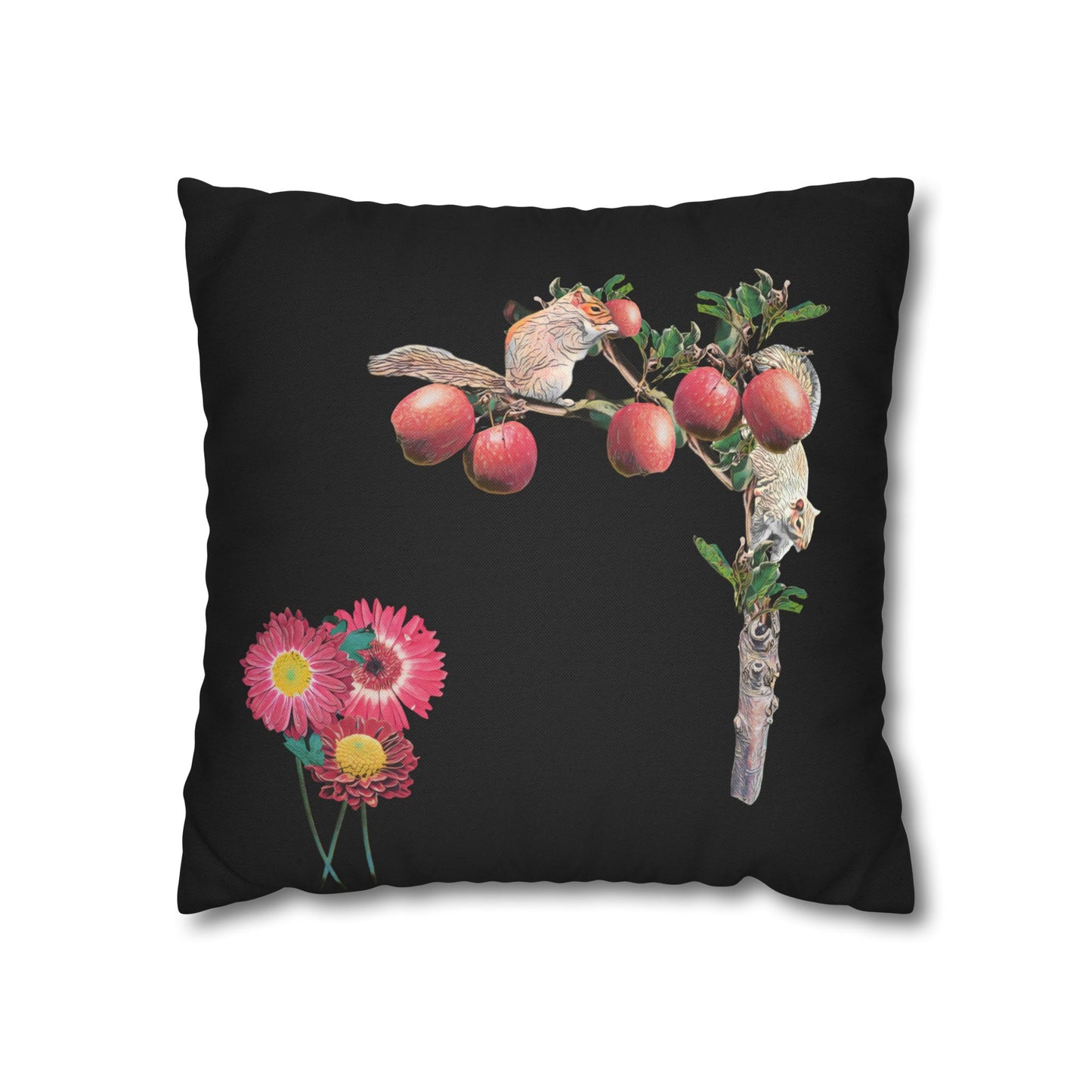 no-leaves-black-pillowcase-squirrels-and-apple-tree-floral-design - front view
