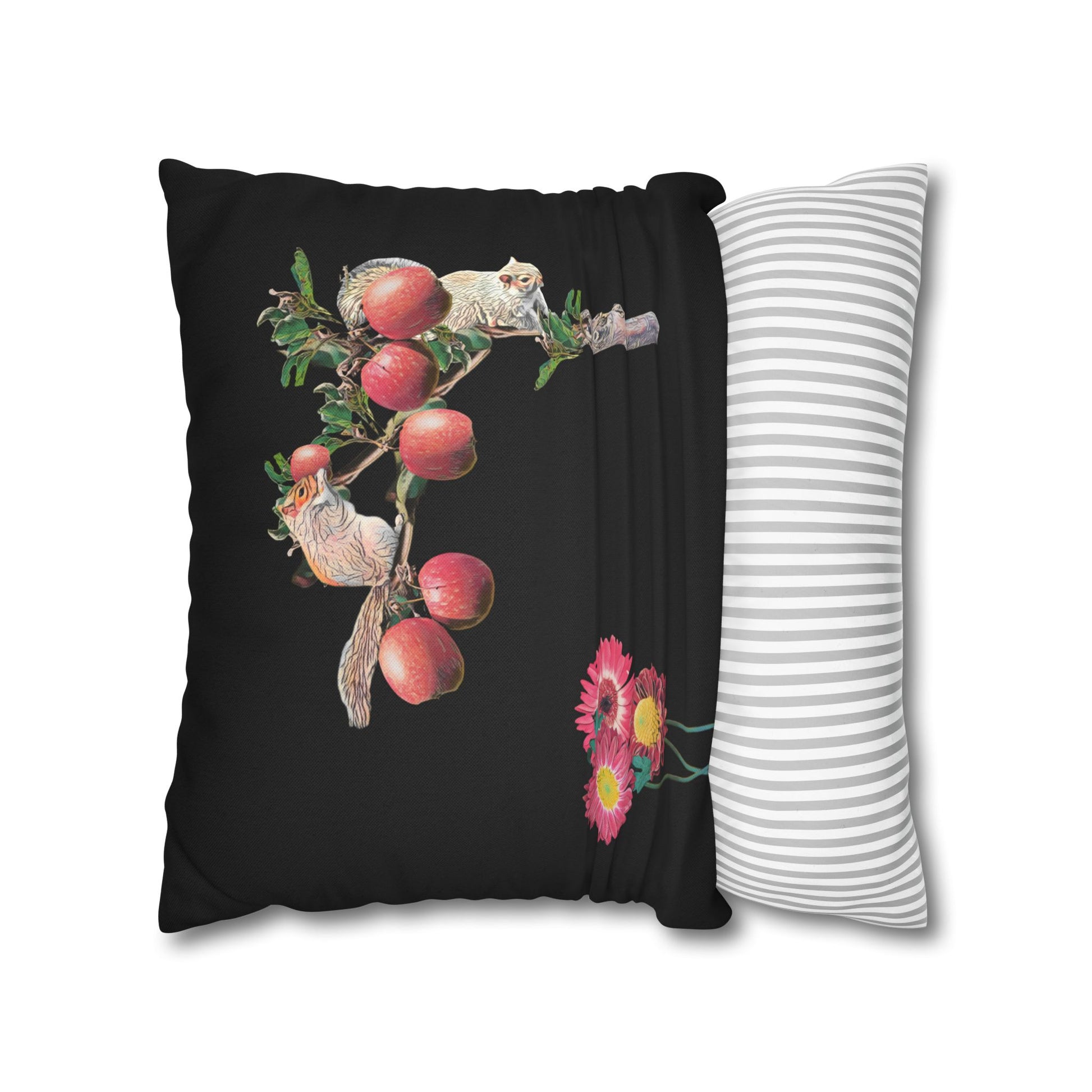 no-leaves-black-pillowcase-squirrels-and-apple-tree-floral-design - front view