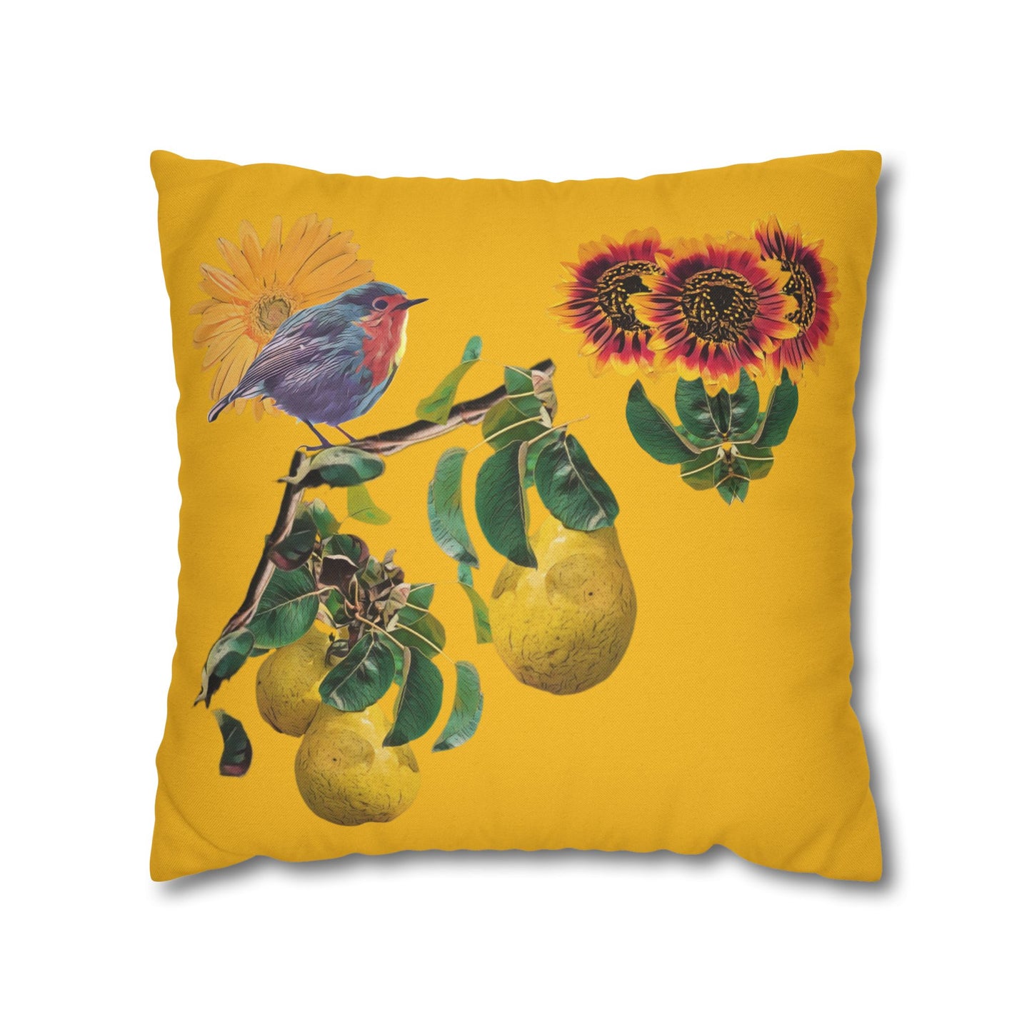 black-pillowcase-robin-and-pears-tree-and-sunflower-design - front view