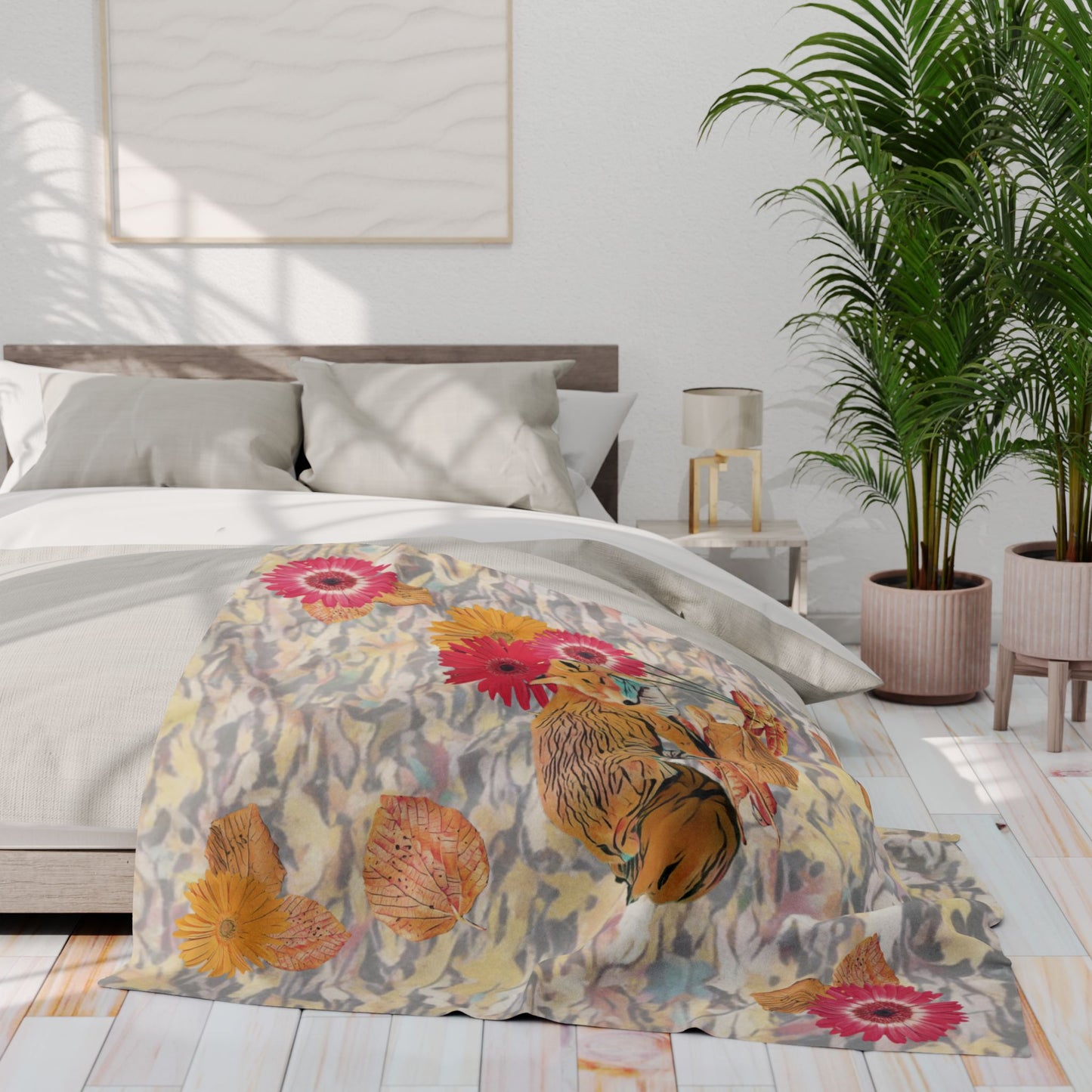fleece-blanket-autumnal-fox-pumpkins-and-chrysanthemum-design - front view