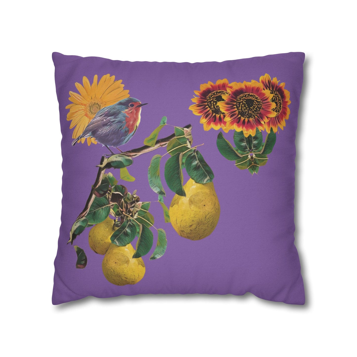lavander-pillowcase-robin-and-pears-tree-and-sunflower-design - front view