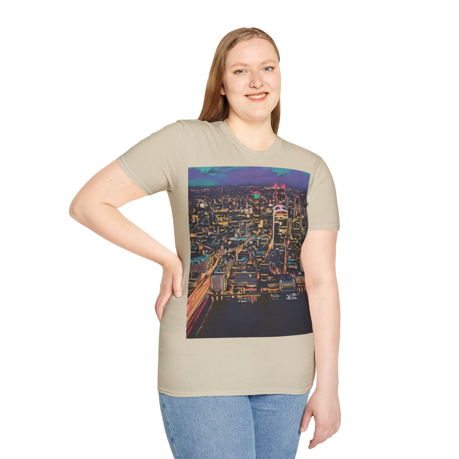 cityscape-art-unisex-softstyle-t-shirt-urban-photography-tee-streetwear-nightlife-fashion-gift-for-travelers-summer-outfit - front view
