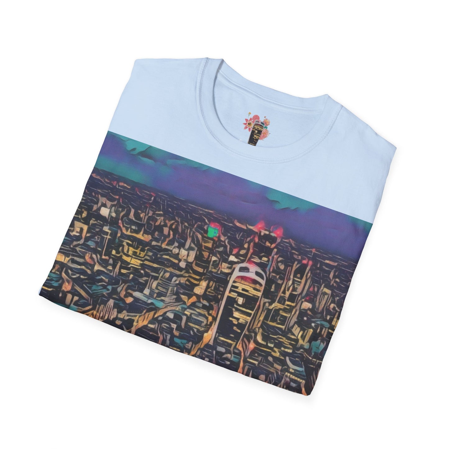cityscape-art-unisex-softstyle-t-shirt-urban-photography-tee-streetwear-nightlife-fashion-gift-for-travelers-summer-outfit - front view