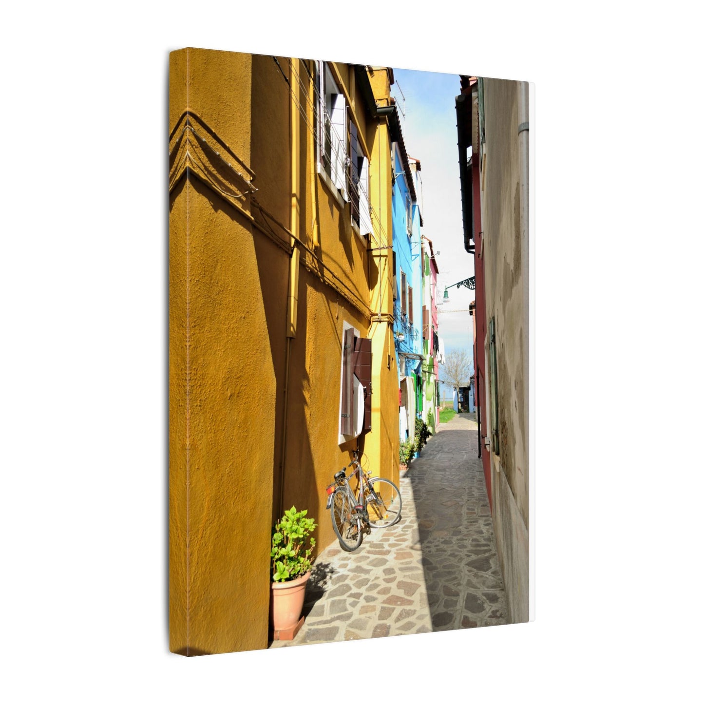 Mulano Street Scene Matte Canvas Print — Yellow Houses & Hanging Clothes, Stretched Wall Art
