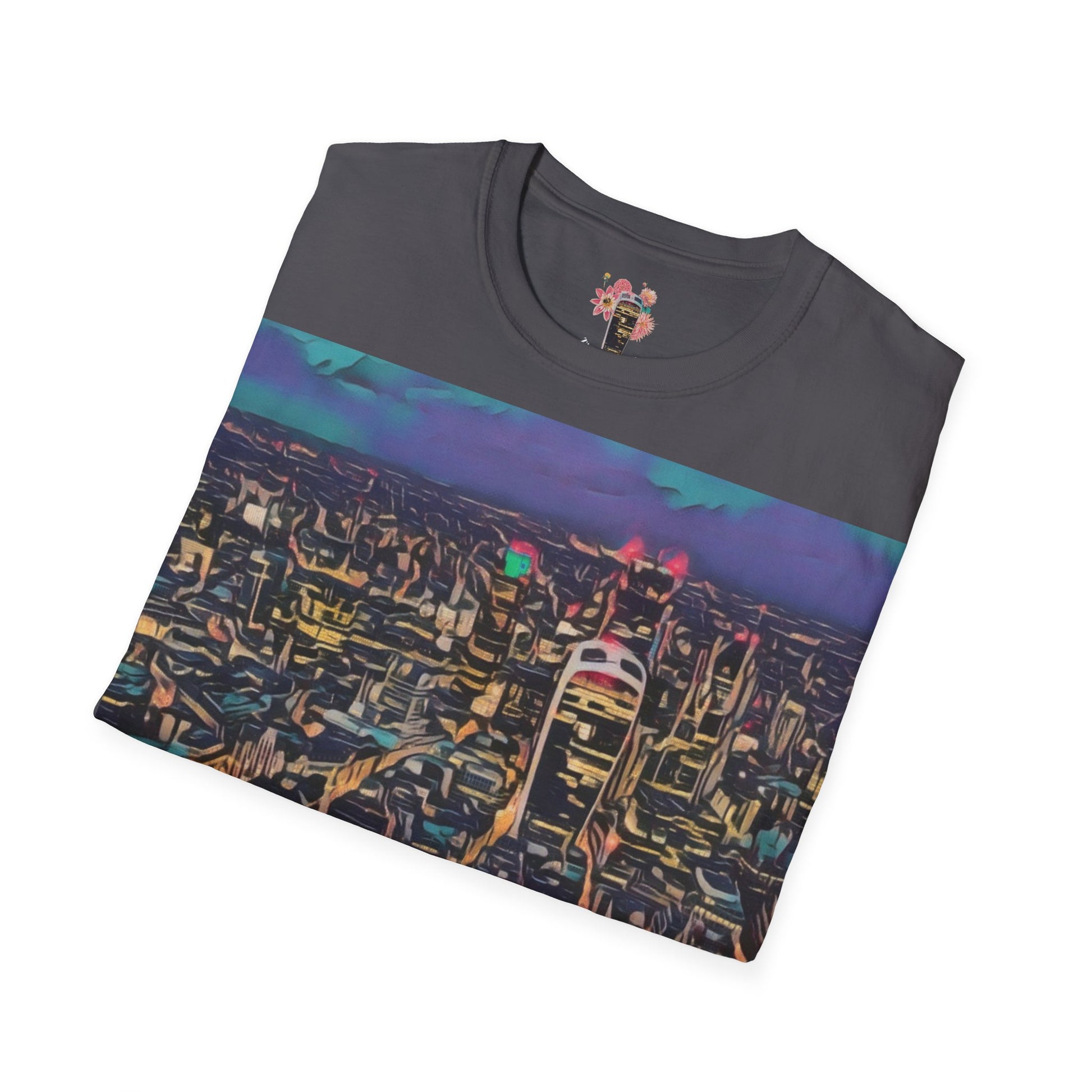 cityscape-art-unisex-softstyle-t-shirt-urban-photography-tee-streetwear-nightlife-fashion-gift-for-travelers-summer-outfit - front view