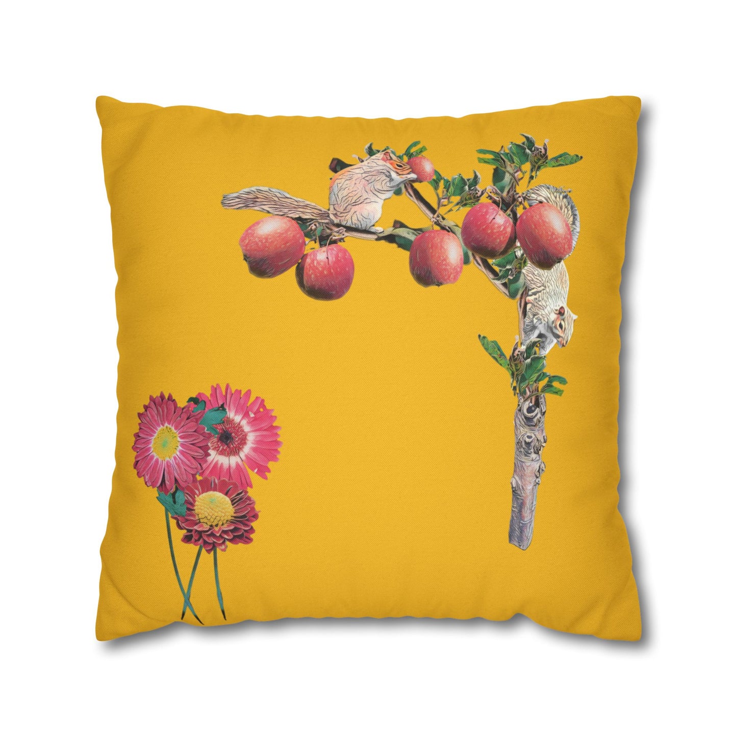 yellow-pillowcase-squirrels-and-apple-tree-floral-design - front view