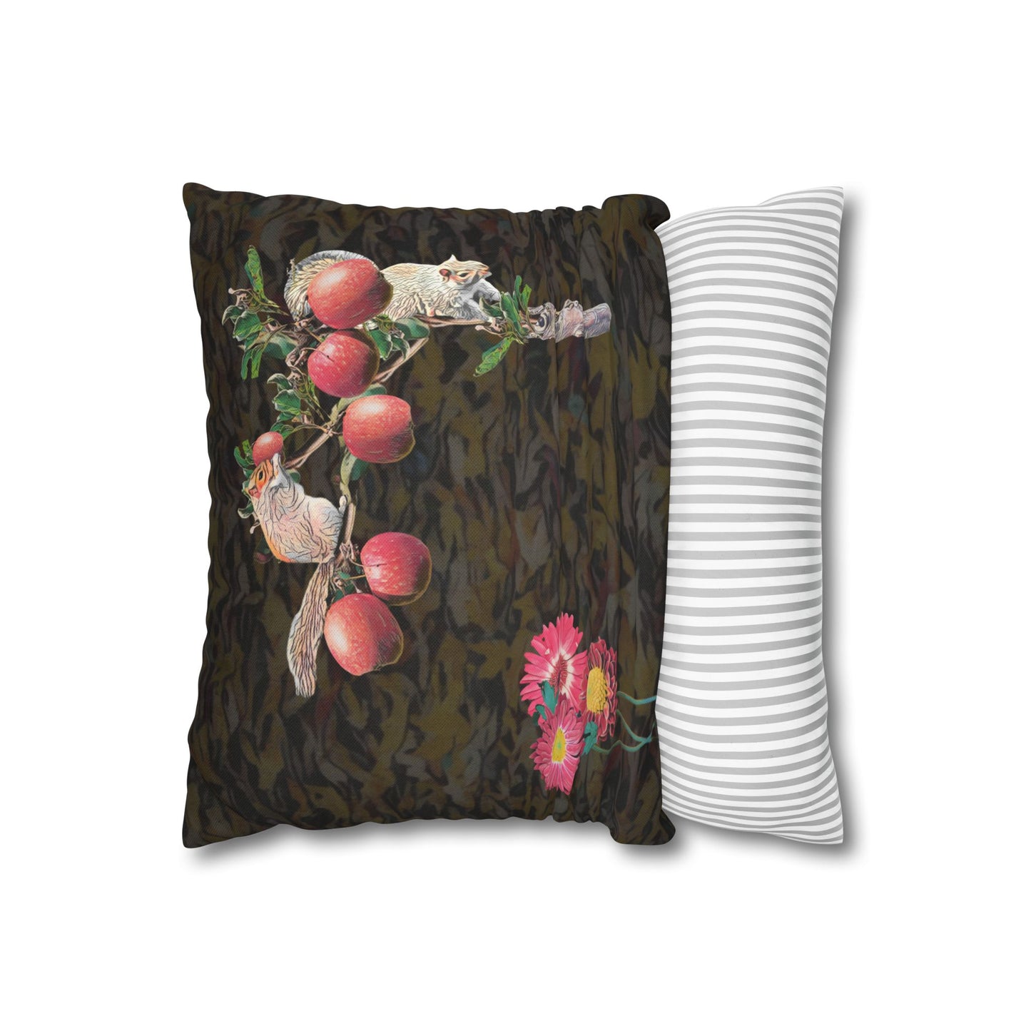 black-pillowcase-squirrels-and-apple-tree-floral-design - front view
