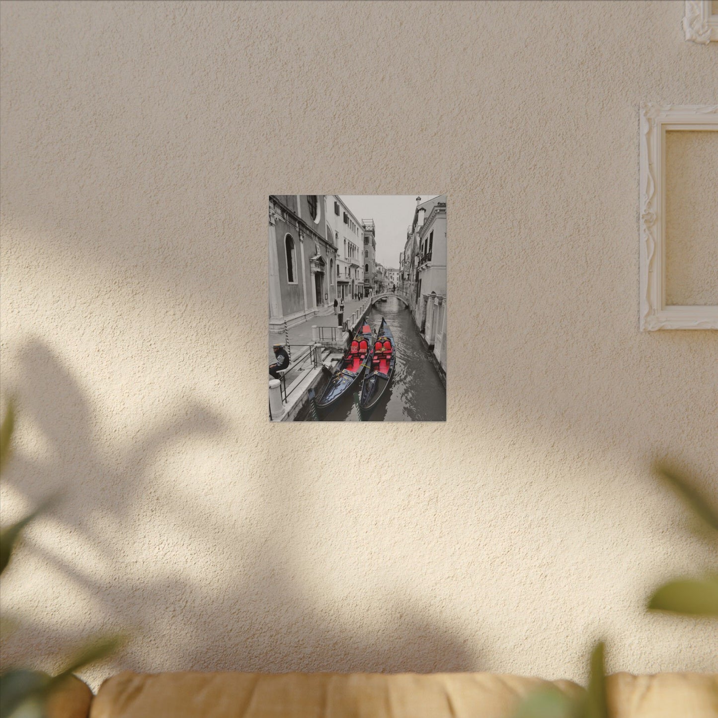 Venice Gondola Canvas Print — Black & White Scene with Colored Gondolas