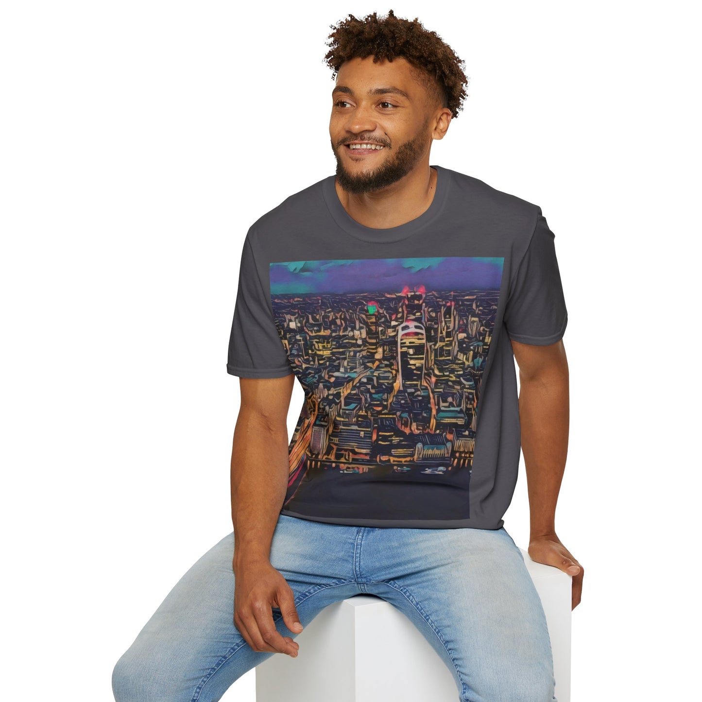 cityscape-art-unisex-softstyle-t-shirt-urban-photography-tee-streetwear-nightlife-fashion-gift-for-travelers-summer-outfit - front view