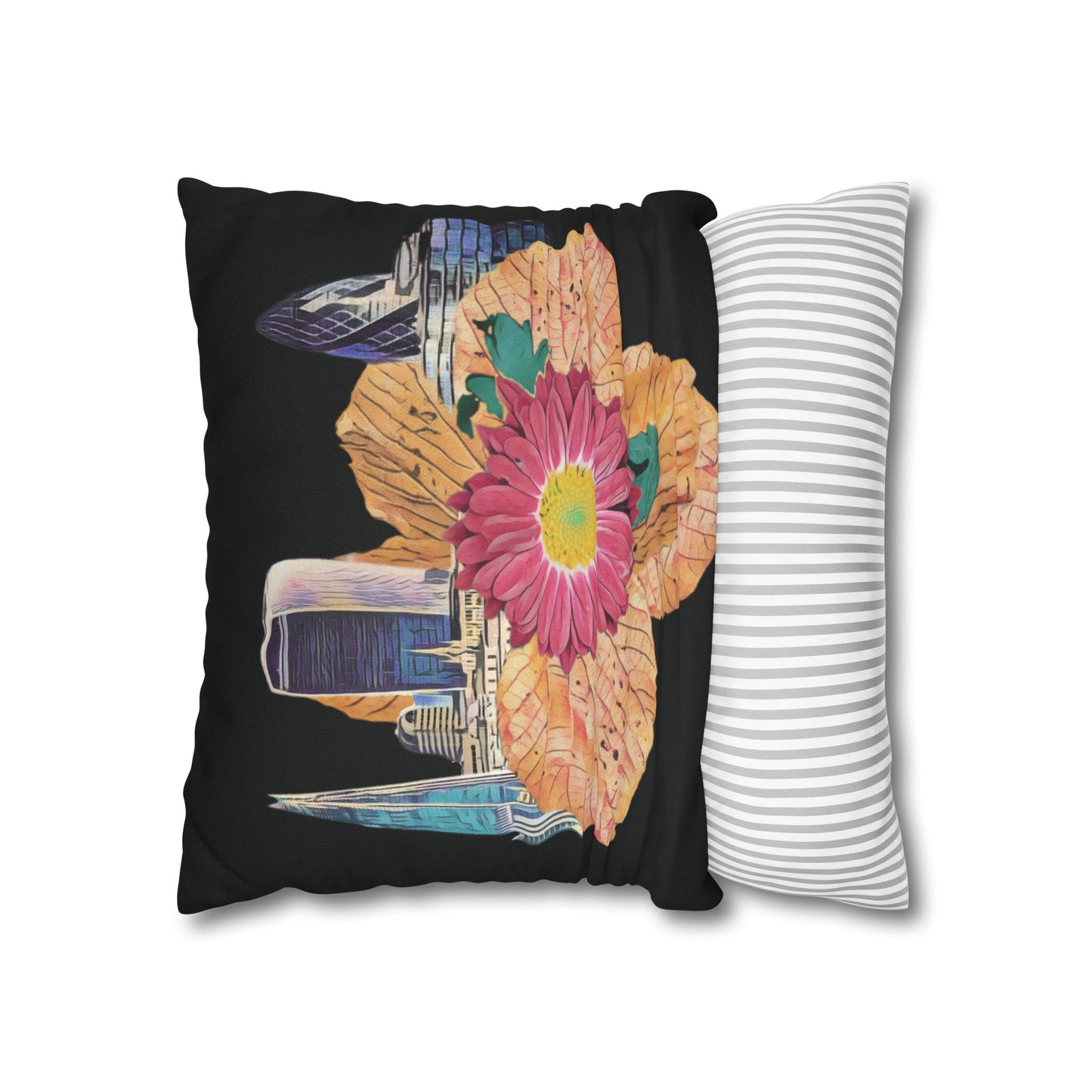 black-pillowcase-london-landmarks-autumn-floral-foliage - front view