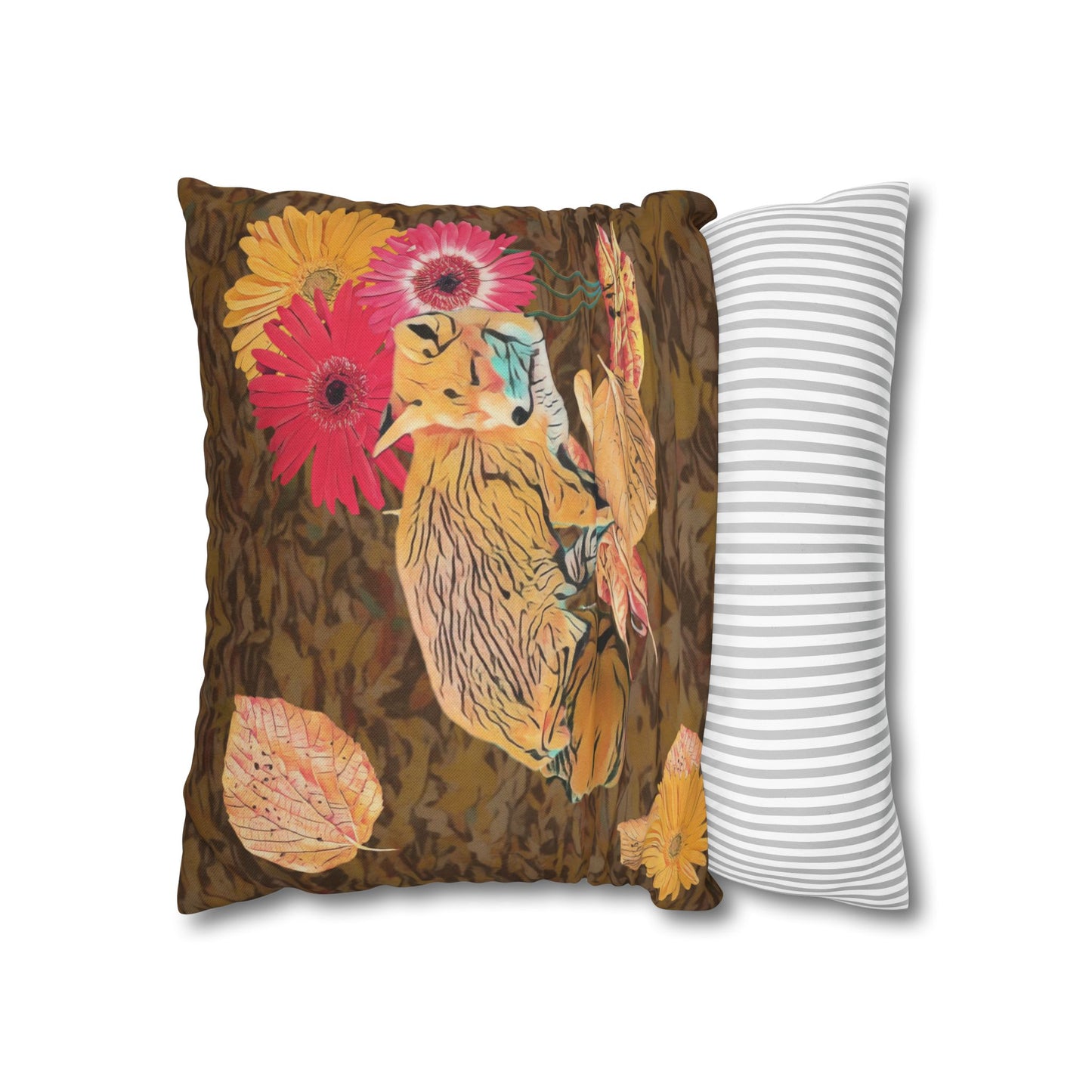 brown-pillowcase-cozy-fox-pumpkins-and-chrysanthemum-autumn-leaves-design - front view