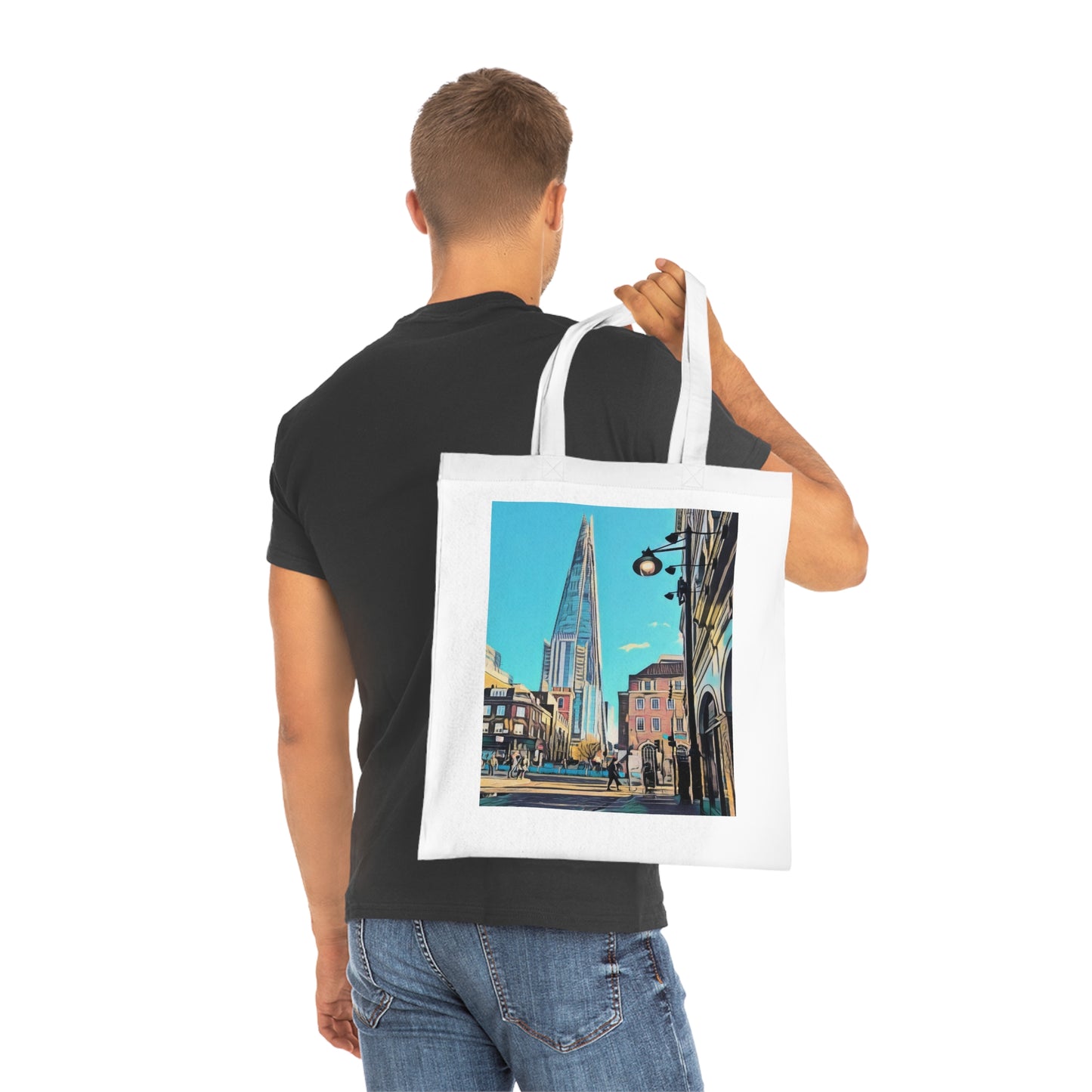 cotton-tote-bag-with-london-shard-at-night-shopper-bag-travel-tote-reusable-grocery-bag-cityscape-tote-eco-friendly - front view