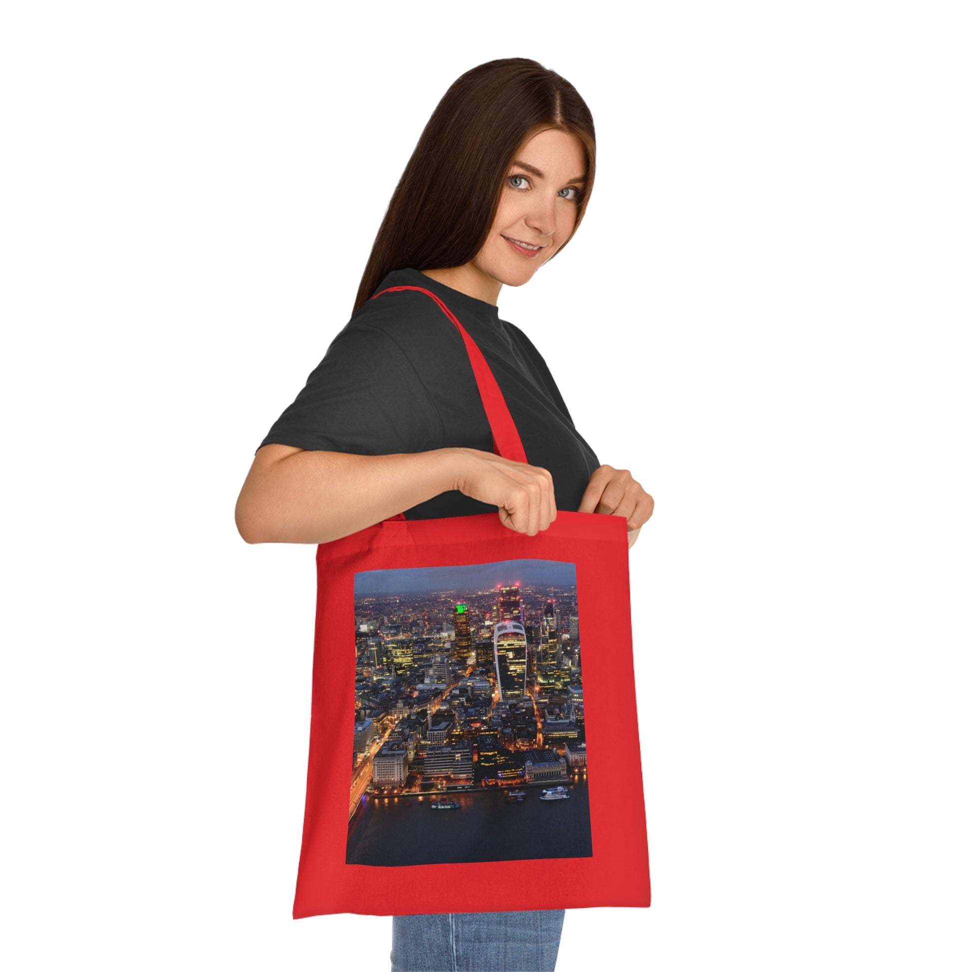 cotton-tote-bag-with-london-skyline-from-the-shard-at-night-shopper-bag-travel-tote-reusable-grocery-bag-cityscape-tote-eco-friendly - front view