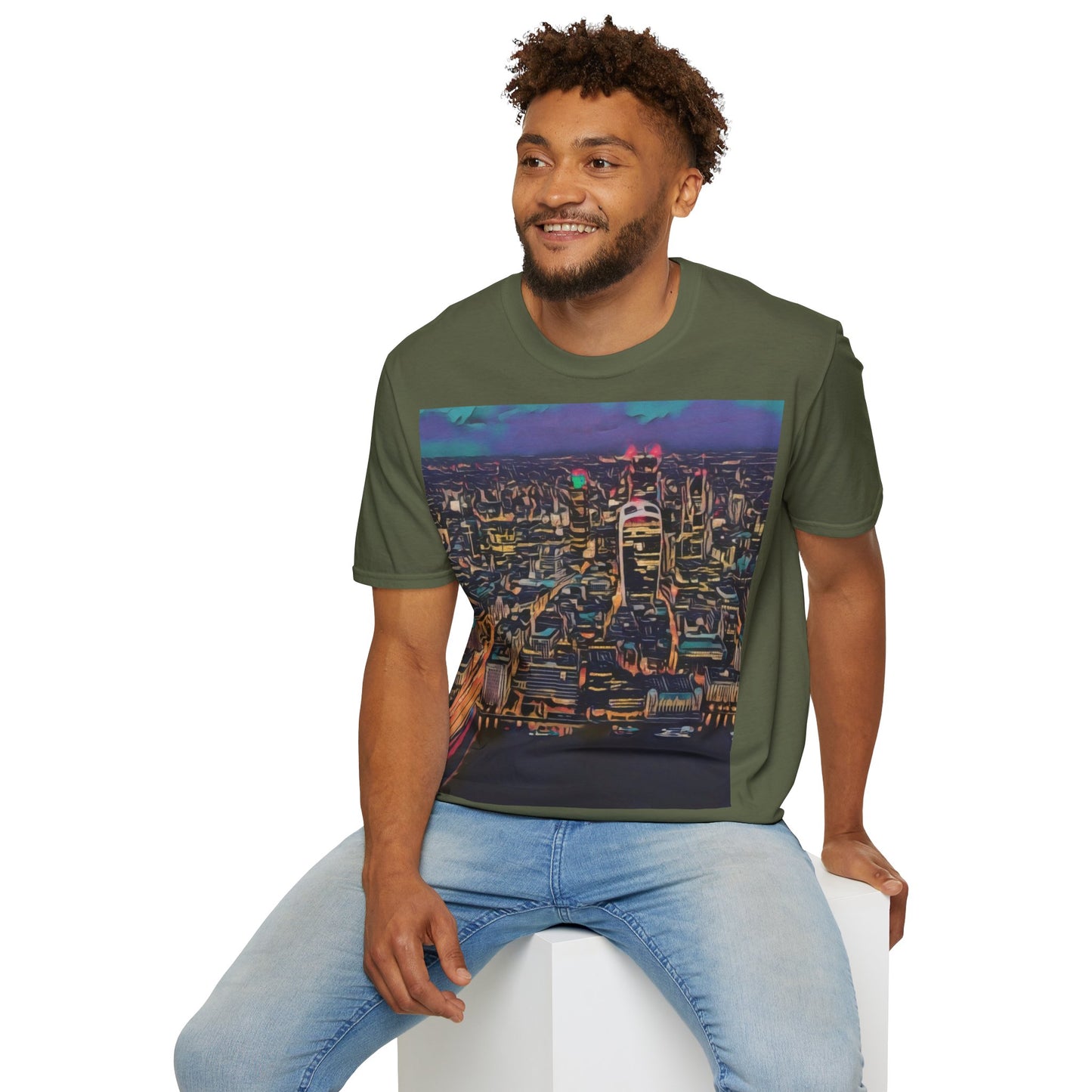 cityscape-art-unisex-softstyle-t-shirt-urban-photography-tee-streetwear-nightlife-fashion-gift-for-travelers-summer-outfit - front view