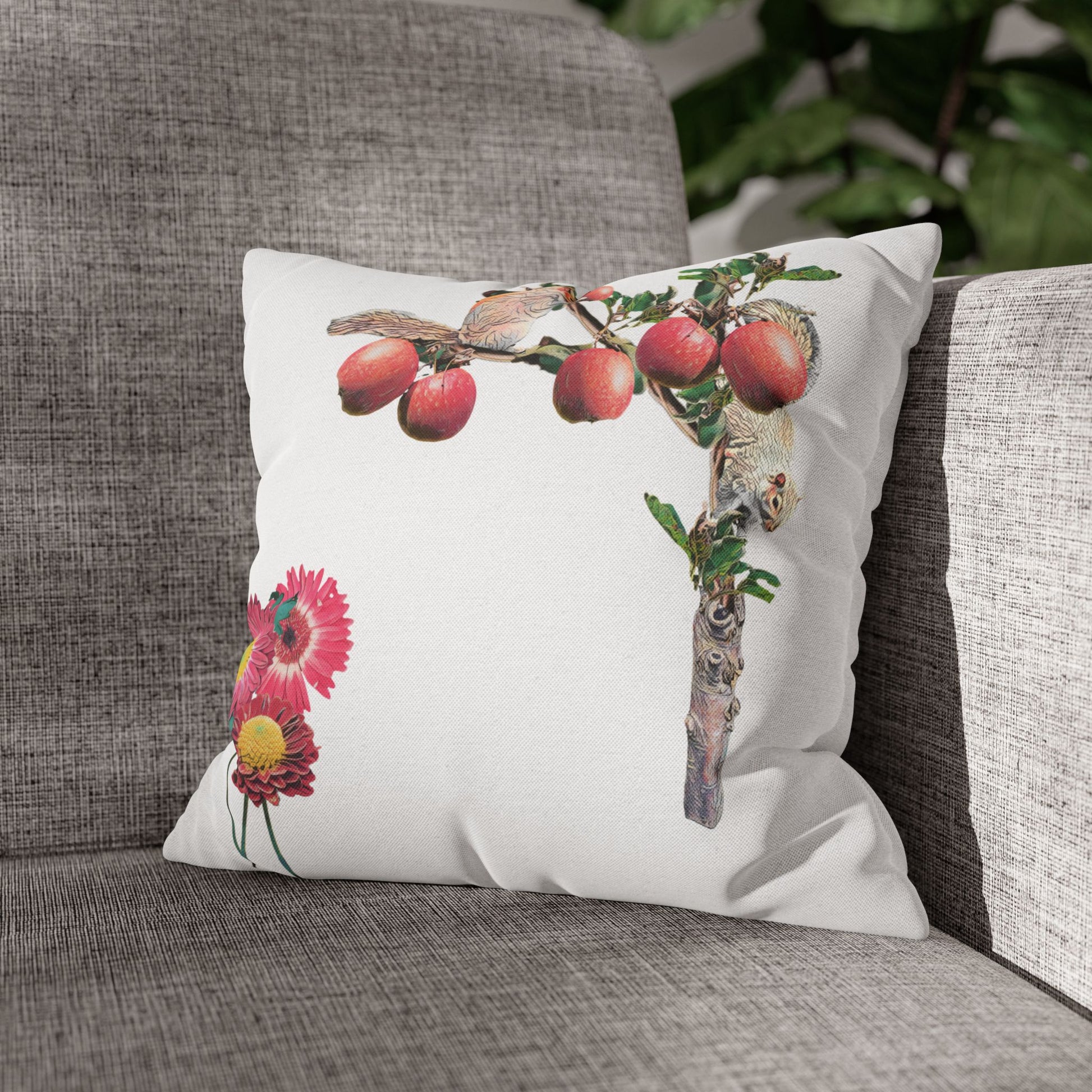 white-pillowcase-squirrels-and-apple-tree-floral-design - front view