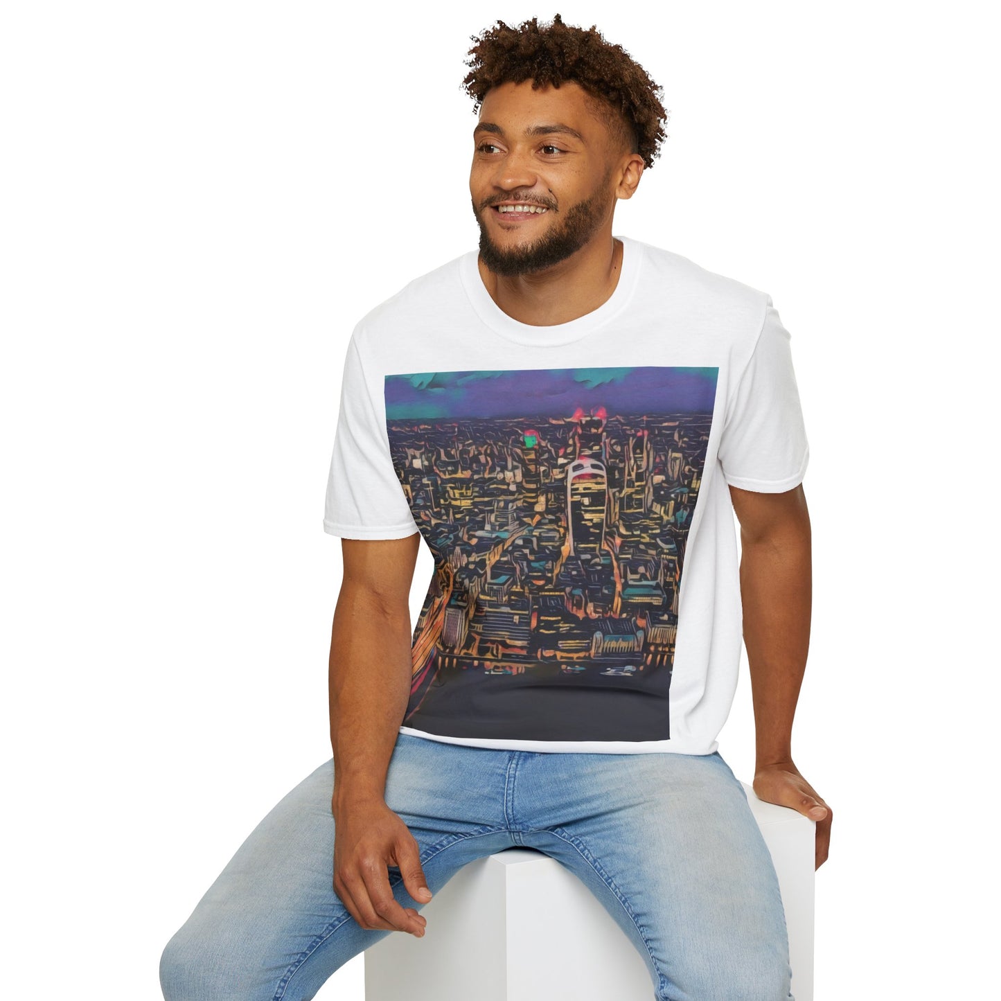 cityscape-art-unisex-softstyle-t-shirt-urban-photography-tee-streetwear-nightlife-fashion-gift-for-travelers-summer-outfit - front view